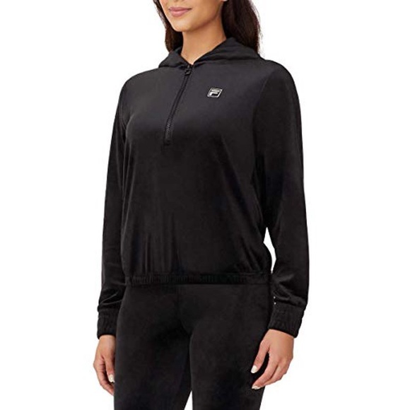 NWT Women’s Size Small Fila Velour Half-Zip Fleece Logo Print Hoodie In Black - Picture 3 of 12